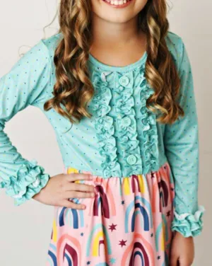 Girls Aqua and Pink Rainbow Dress