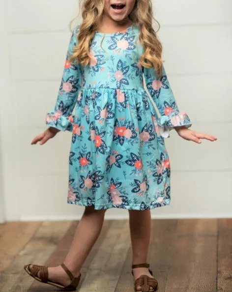 Girls Blue Floral Print Dress