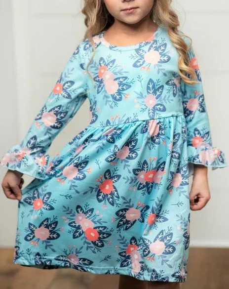 Girls Blue Floral Print Dress