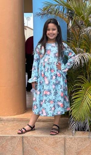Girls Blue Floral Print Dress
