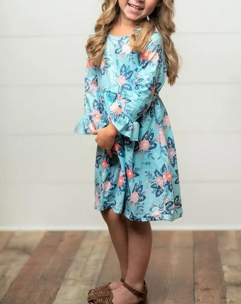 Girls Blue Floral Print Dress