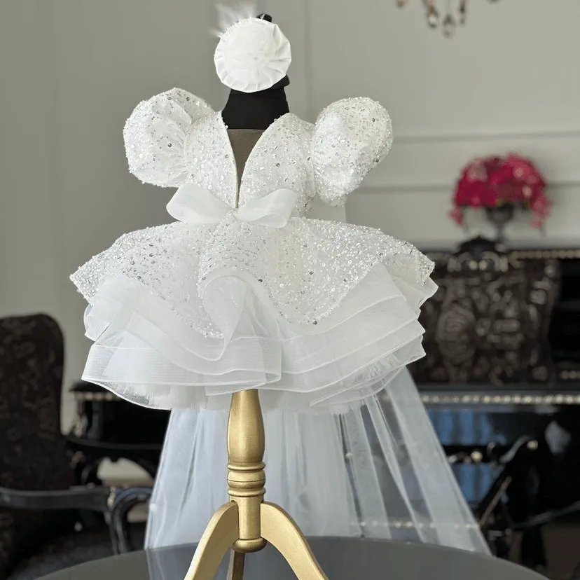 Girls sequin puff sleeves tail dress Baby Birthday catwalk evening dress