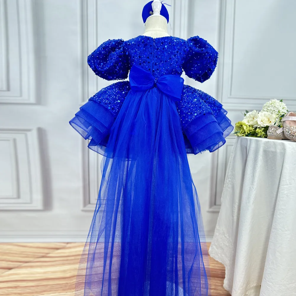 Girls sequin puff sleeves tail dress Baby Birthday catwalk evening dress