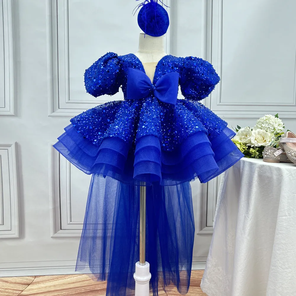 Girls sequin puff sleeves tail dress Baby Birthday catwalk evening dress
