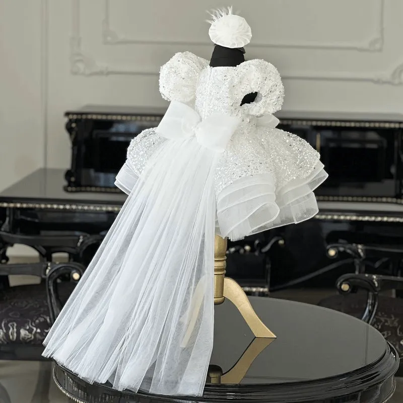 Girls sequin puff sleeves tail dress Baby Birthday catwalk evening dress