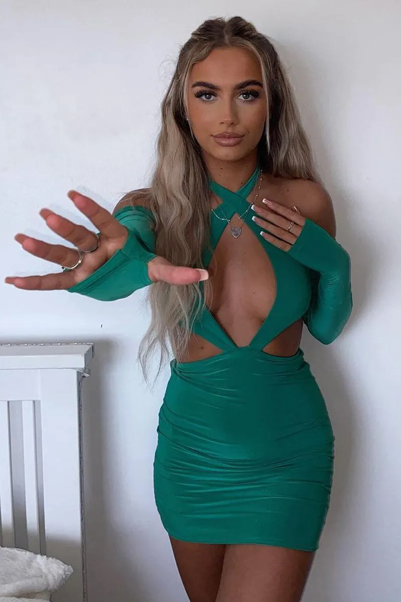 Green Halter Neck Cut Out Slinky Mini Dress - Lessie