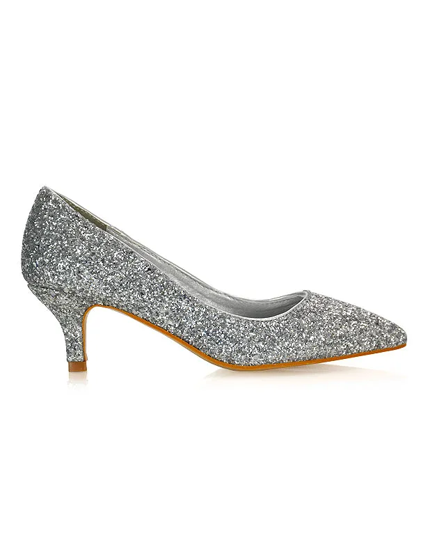 Gwyneth Pointed Toe Stiletto Low Kitten Court Heel Pumps in Rose Gold Glitter