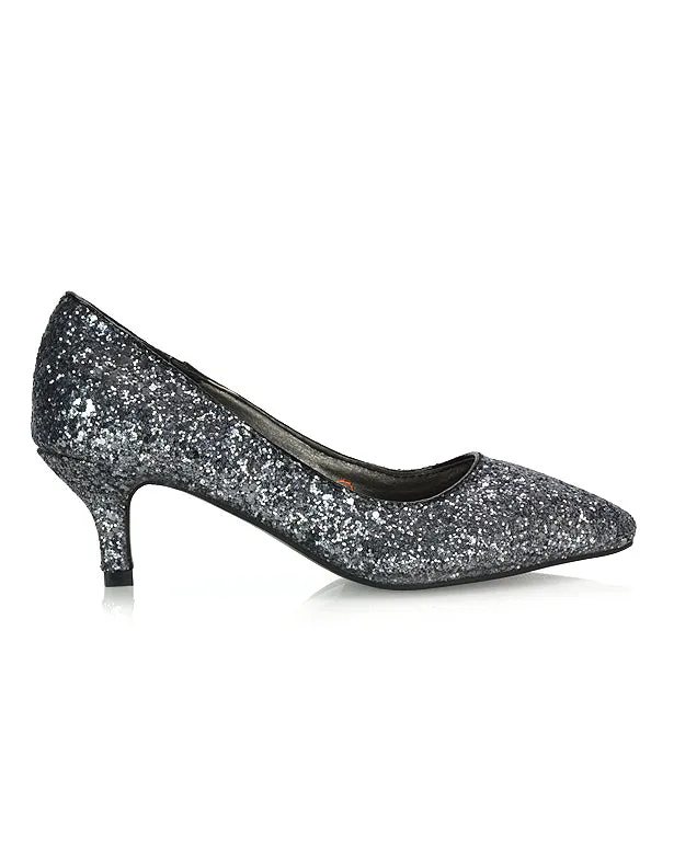 Gwyneth Pointed Toe Stiletto Low Kitten Court Heel Pumps in Rose Gold Glitter