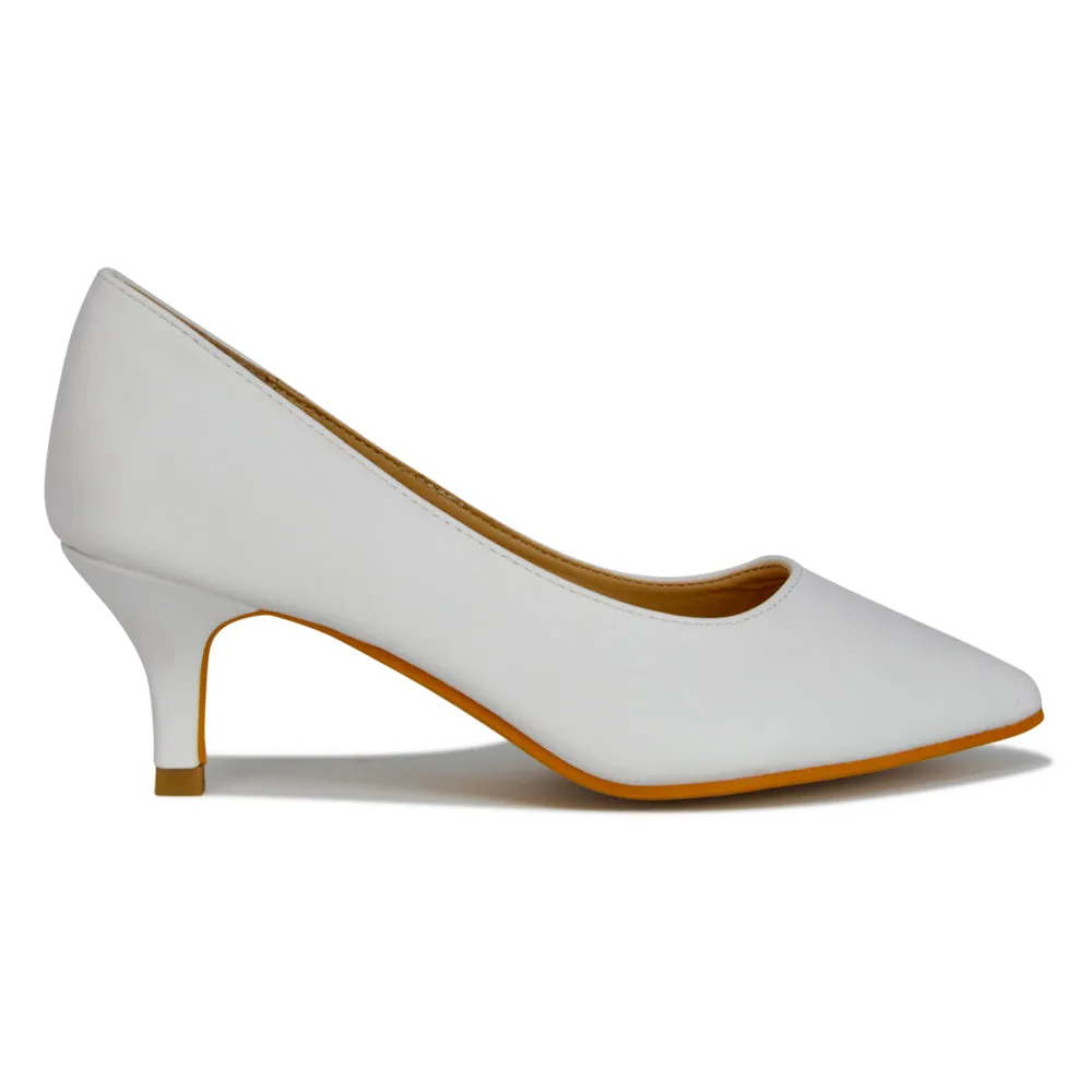 Gwyneth Pointed Toe Stiletto Low Kitten Court Heel Pumps in Rose Gold Glitter