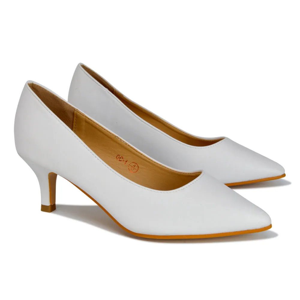 Gwyneth Pointed Toe Stiletto Low Kitten Court Heel Pumps in Rose Gold Glitter