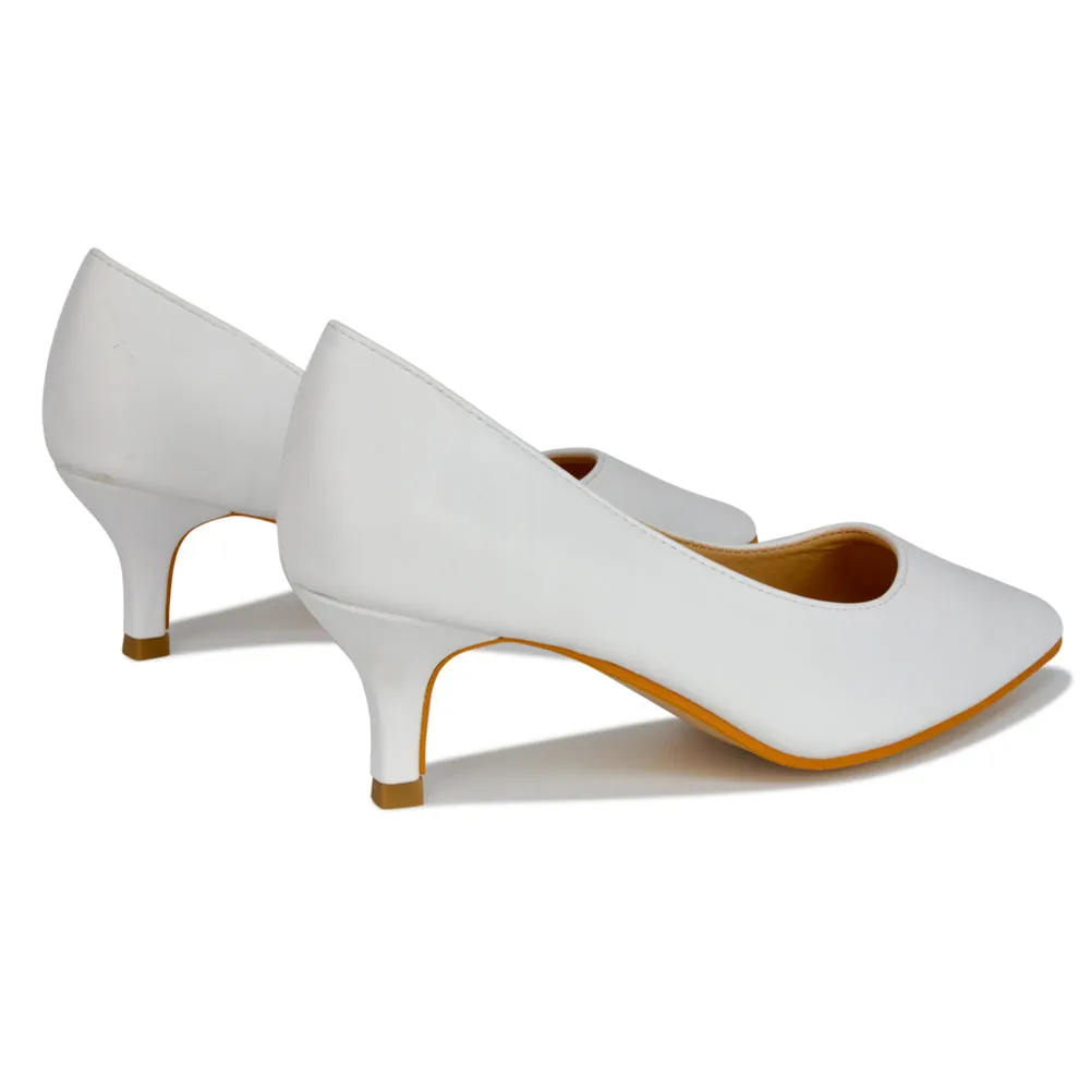 Gwyneth Pointed Toe Stiletto Low Kitten Court Heel Pumps in Rose Gold Glitter