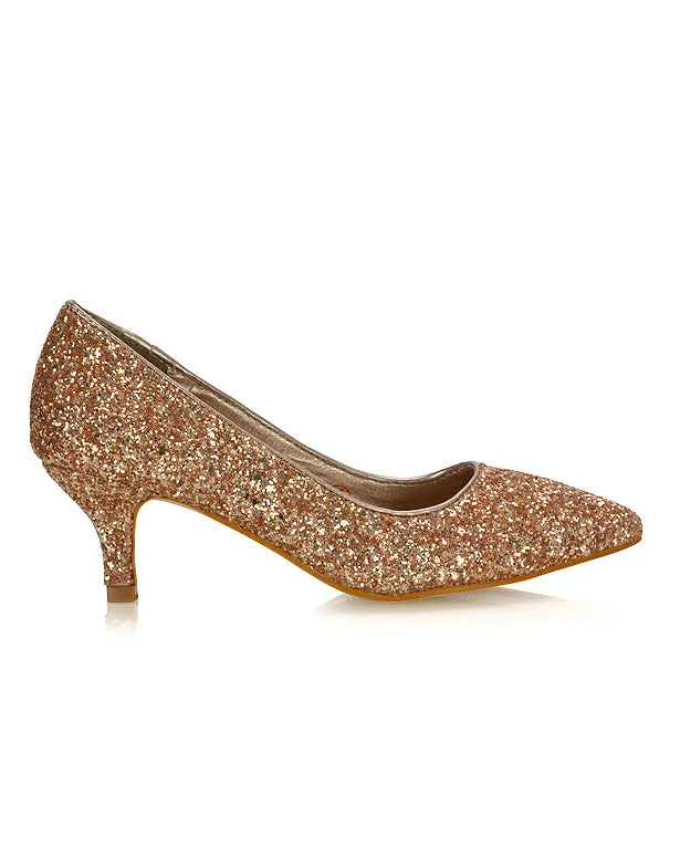 Gwyneth Pointed Toe Stiletto Low Kitten Court Heel Pumps in Rose Gold Glitter