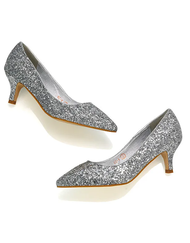 Gwyneth Pointed Toe Stiletto Low Kitten Court Heel Pumps in Rose Gold Glitter