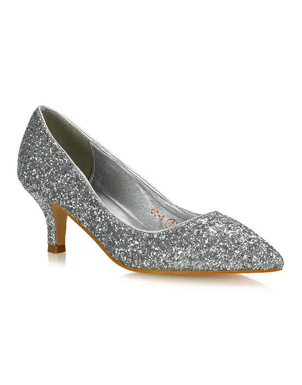 Gwyneth Pointed Toe Stiletto Low Kitten Court Heel Pumps in Rose Gold Glitter
