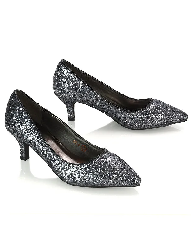 Gwyneth Pointed Toe Stiletto Low Kitten Court Heel Pumps in Rose Gold Glitter