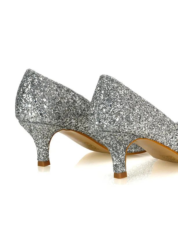 Gwyneth Pointed Toe Stiletto Low Kitten Court Heel Pumps in Rose Gold Glitter