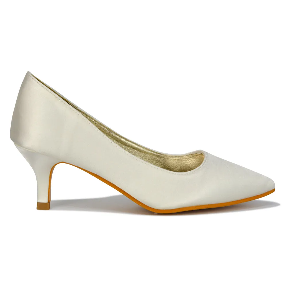 Gwyneth Pointed Toe Stiletto Low Kitten Court Heel Pumps in Rose Gold Glitter