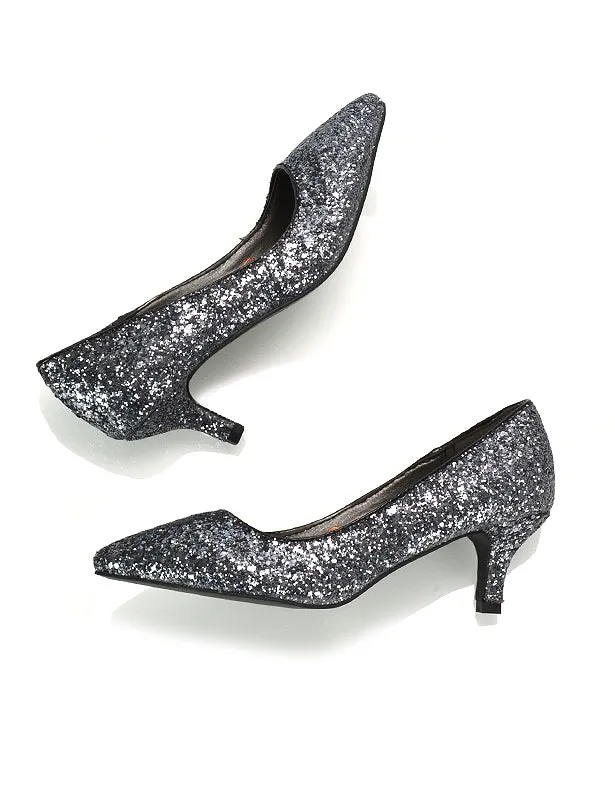 Gwyneth Pointed Toe Stiletto Low Kitten Court Heel Pumps in Rose Gold Glitter
