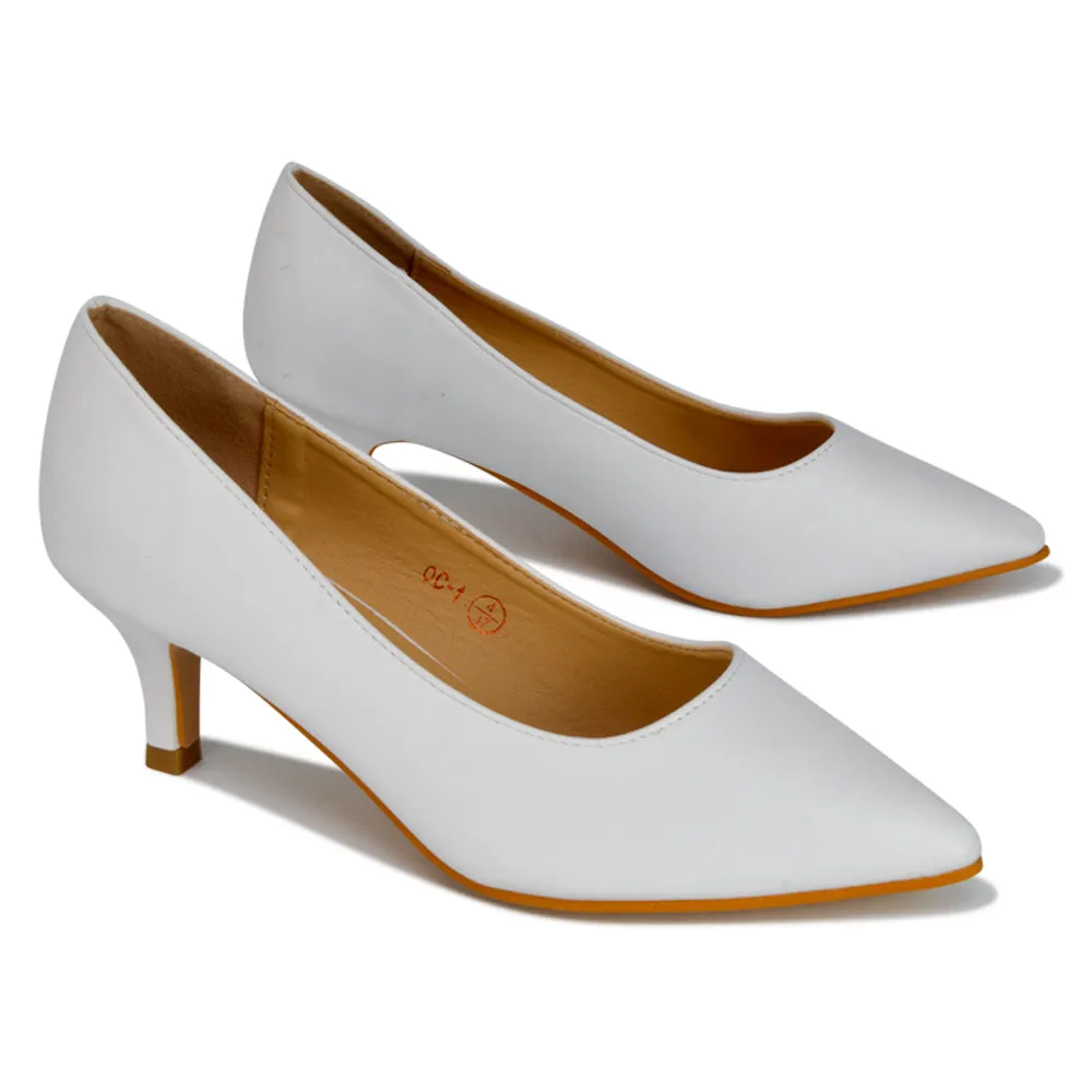 Gwyneth Pointed Toe Stiletto Low Kitten Court Heel Pumps in Rose Gold Glitter