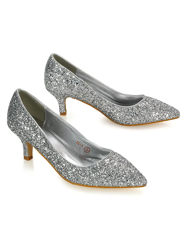 Gwyneth Pointed Toe Stiletto Low Kitten Court Heel Pumps in Rose Gold Glitter