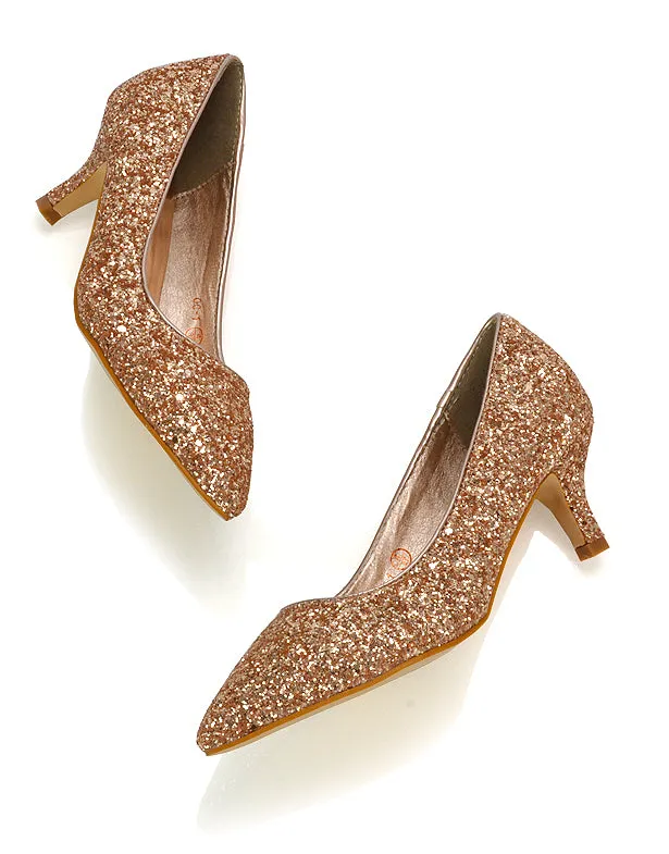 Gwyneth Pointed Toe Stiletto Low Kitten Court Heel Pumps in Rose Gold Glitter