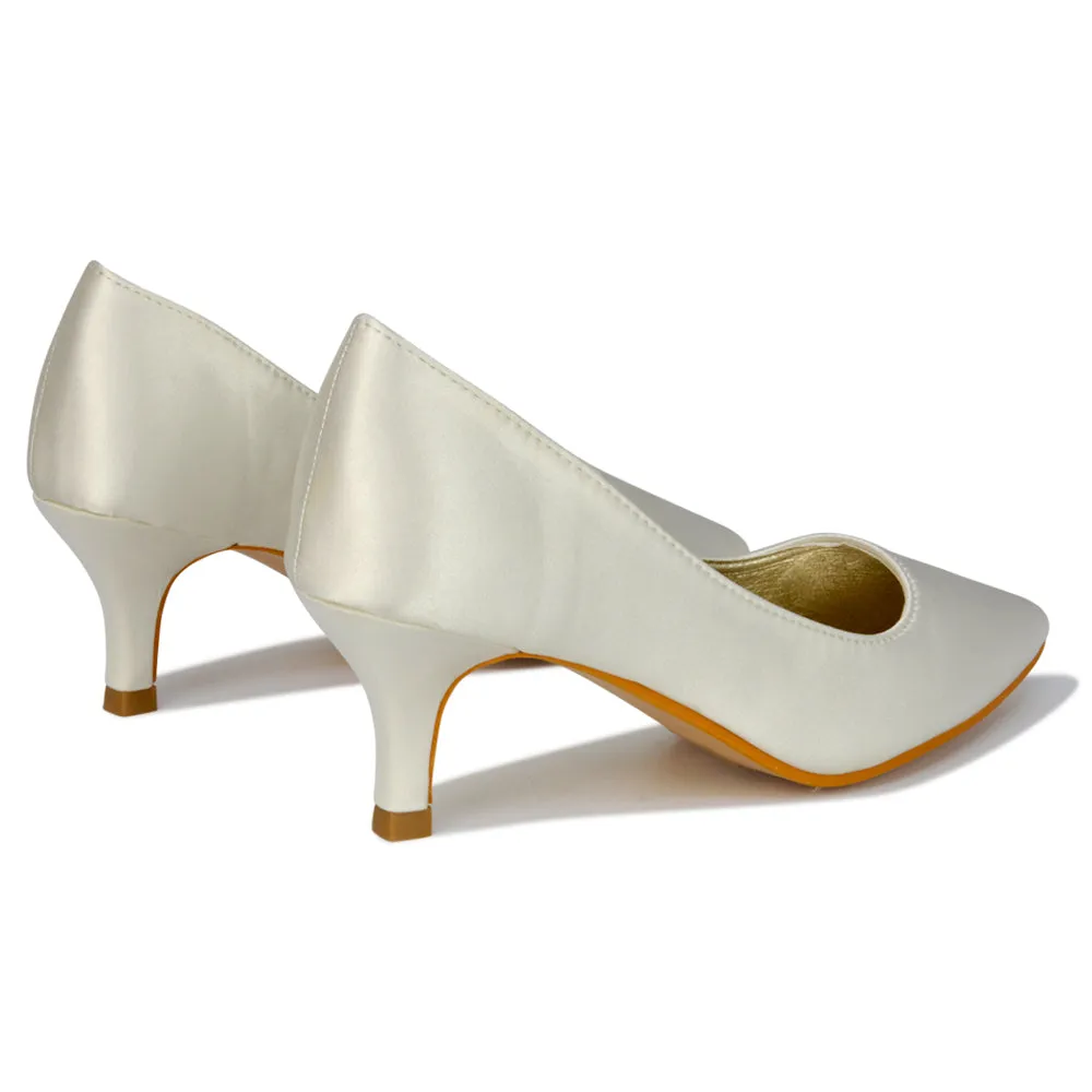 Gwyneth Pointed Toe Stiletto Low Kitten Court Heel Pumps in Rose Gold Glitter