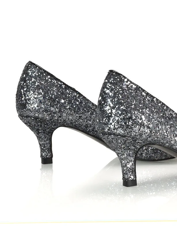 Gwyneth Pointed Toe Stiletto Low Kitten Court Heel Pumps in Rose Gold Glitter
