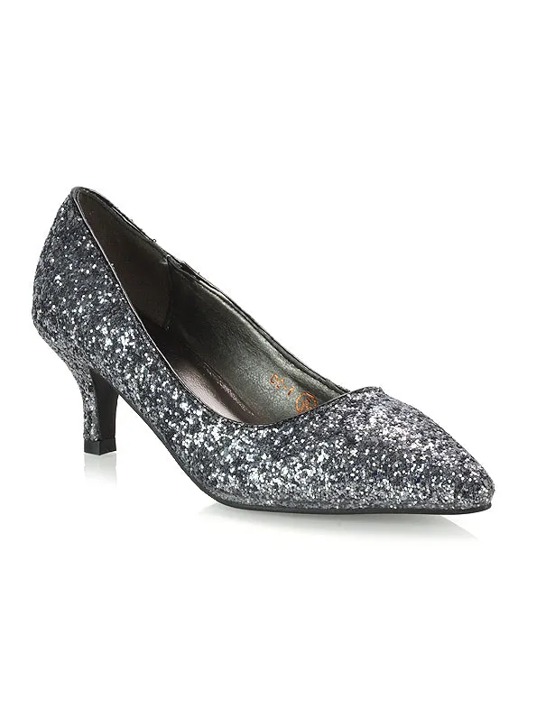 Gwyneth Pointed Toe Stiletto Low Kitten Court Heel Pumps in Rose Gold Glitter
