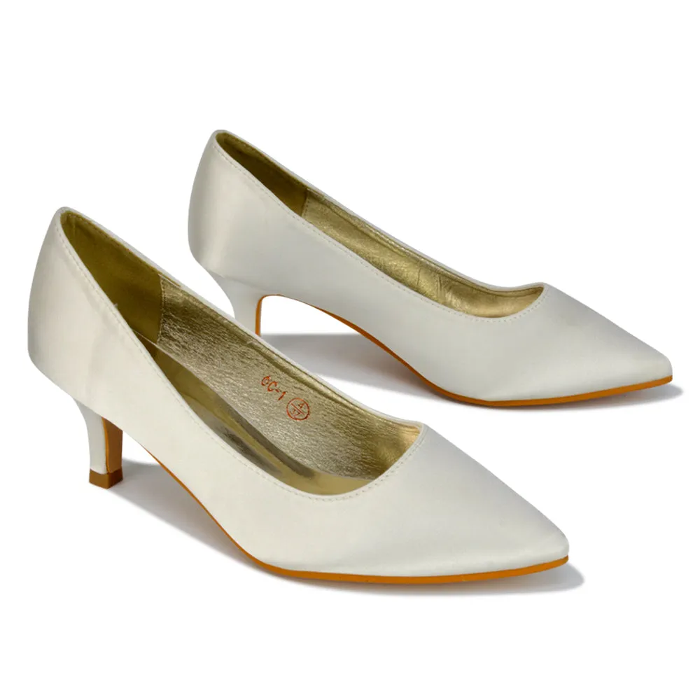 Gwyneth Pointed Toe Stiletto Low Kitten Court Heel Pumps in Rose Gold Glitter