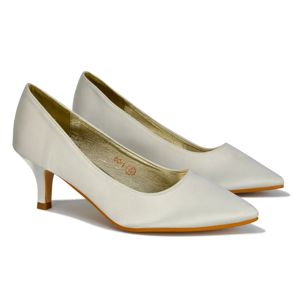 Gwyneth Pointed Toe Stiletto Low Kitten Court Heel Pumps in Rose Gold Glitter