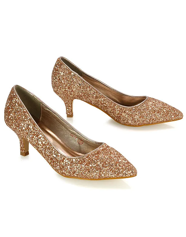 Gwyneth Pointed Toe Stiletto Low Kitten Court Heel Pumps in Rose Gold Glitter