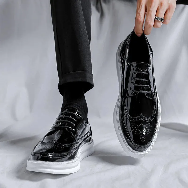 Hnzxzm Spring Autumn New Designer Men's Dress Shoes Fashion Business Formal Bright Face Patent Leather Black Brock Shoes for Men