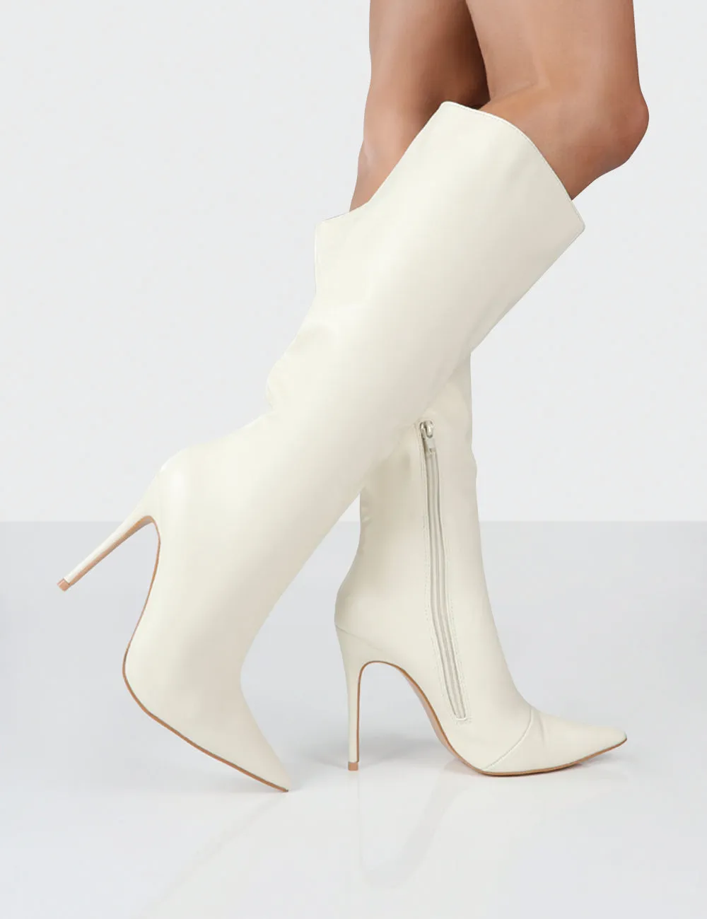 Horizon Ecru PU Knee High Boots
