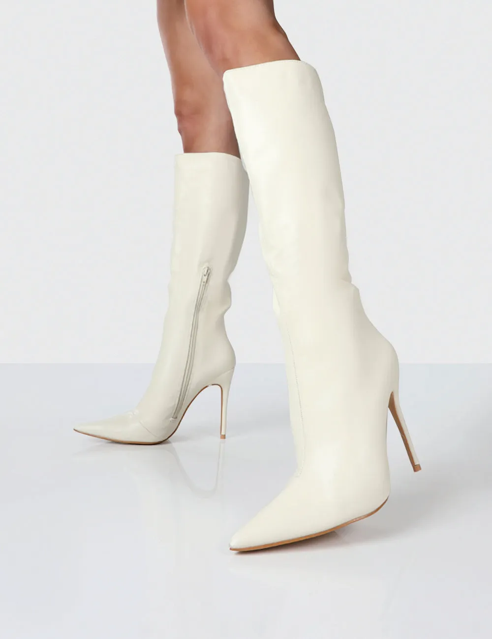 Horizon Ecru PU Knee High Boots