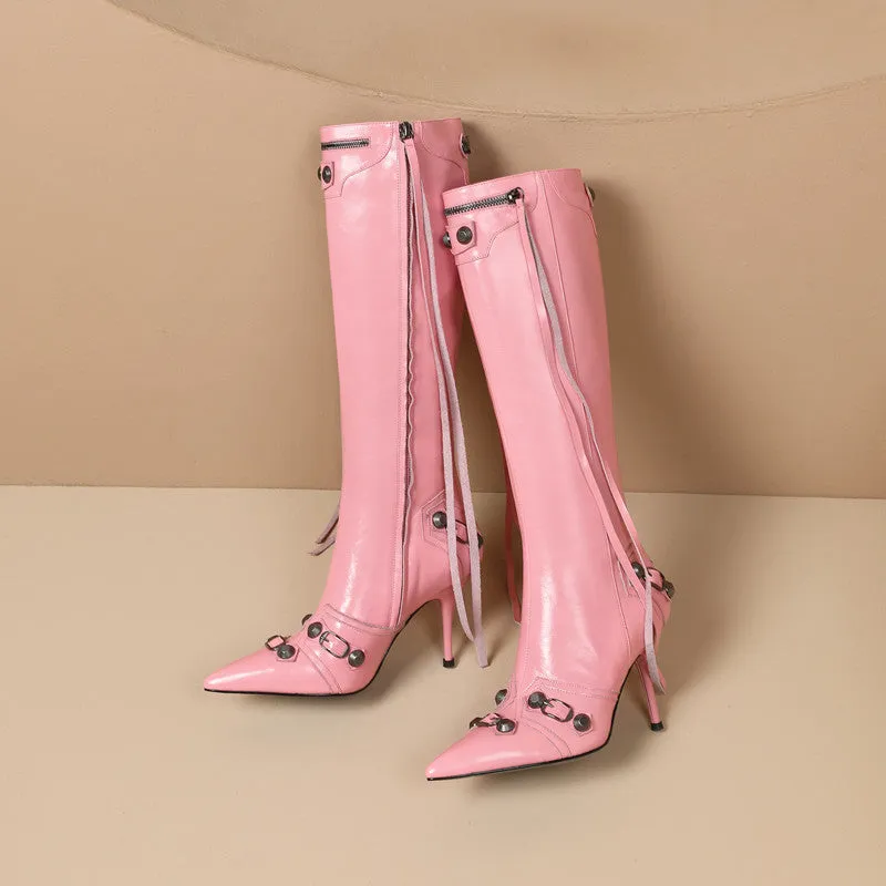 Israa Pointed Toe Knee High Pink Boots