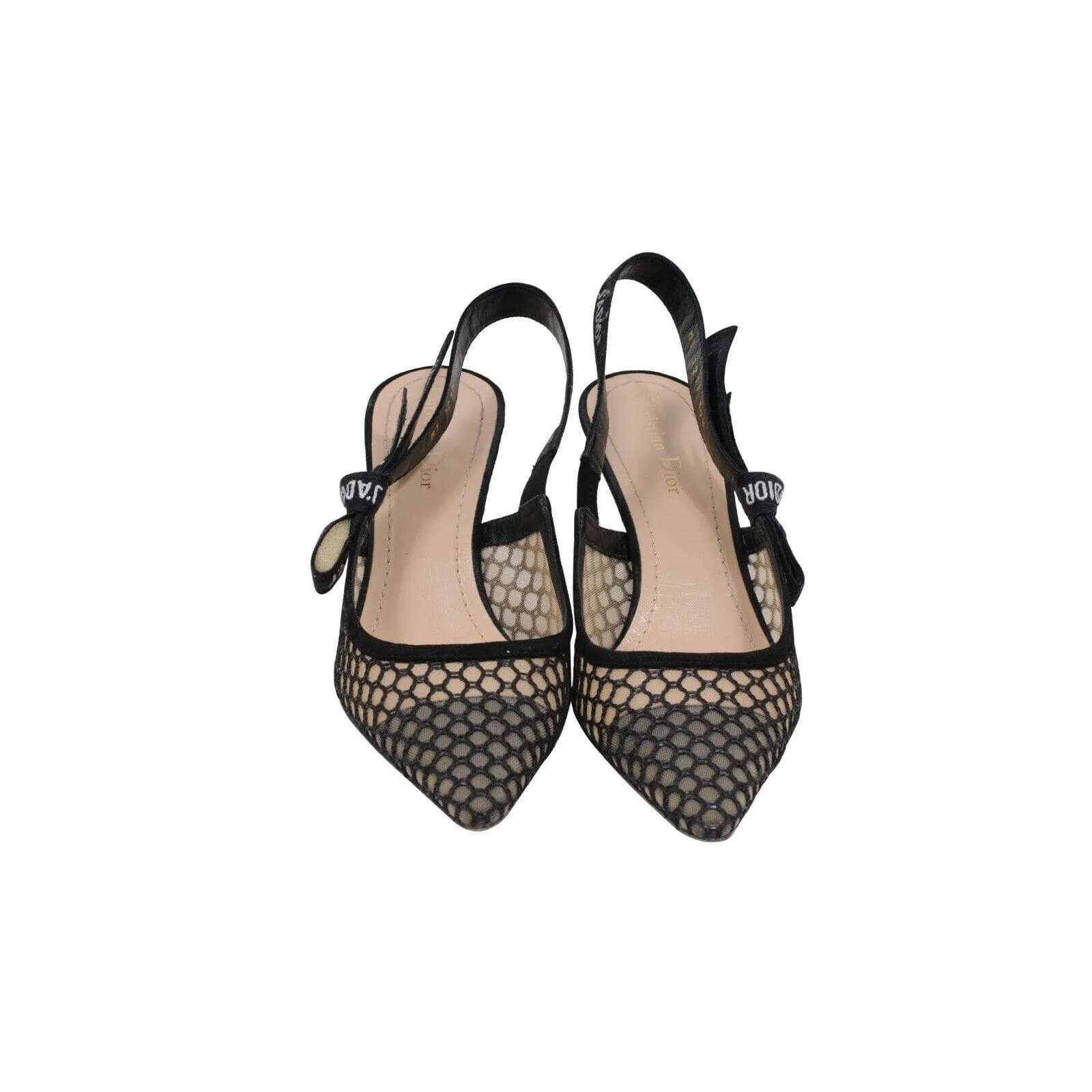 J'ADior Slingback Pumps Black Mesh Logo Kitten Heels
