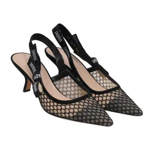 J'ADior Slingback Pumps Black Mesh Logo Kitten Heels