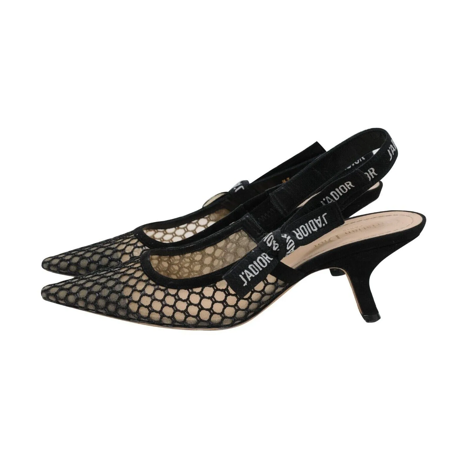 J'ADior Slingback Pumps Black Mesh Logo Kitten Heels