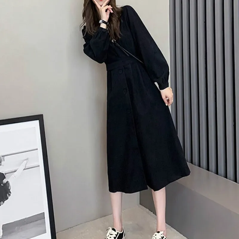 Joskaa Christmas Gift Women Long Sleeve Dress Solid Elegant Vintage Female All-match Tender Ins Chic Fashion Button Pleated Mid-calf Streetwear Simple