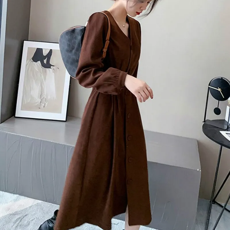 Joskaa Christmas Gift Women Long Sleeve Dress Solid Elegant Vintage Female All-match Tender Ins Chic Fashion Button Pleated Mid-calf Streetwear Simple