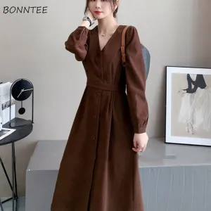 Joskaa Christmas Gift Women Long Sleeve Dress Solid Elegant Vintage Female All-match Tender Ins Chic Fashion Button Pleated Mid-calf Streetwear Simple