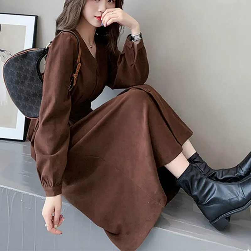 Joskaa Christmas Gift Women Long Sleeve Dress Solid Elegant Vintage Female All-match Tender Ins Chic Fashion Button Pleated Mid-calf Streetwear Simple