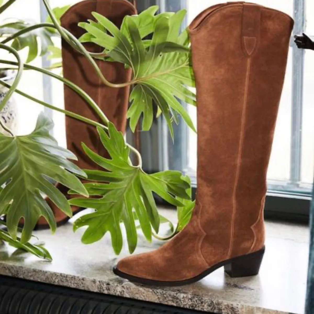 Knee High Cowboy Boots Cognac Suede