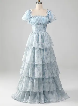 Light Blue Floral Layers Long Party Dress Evening Dress, Light Blue Prom Dress