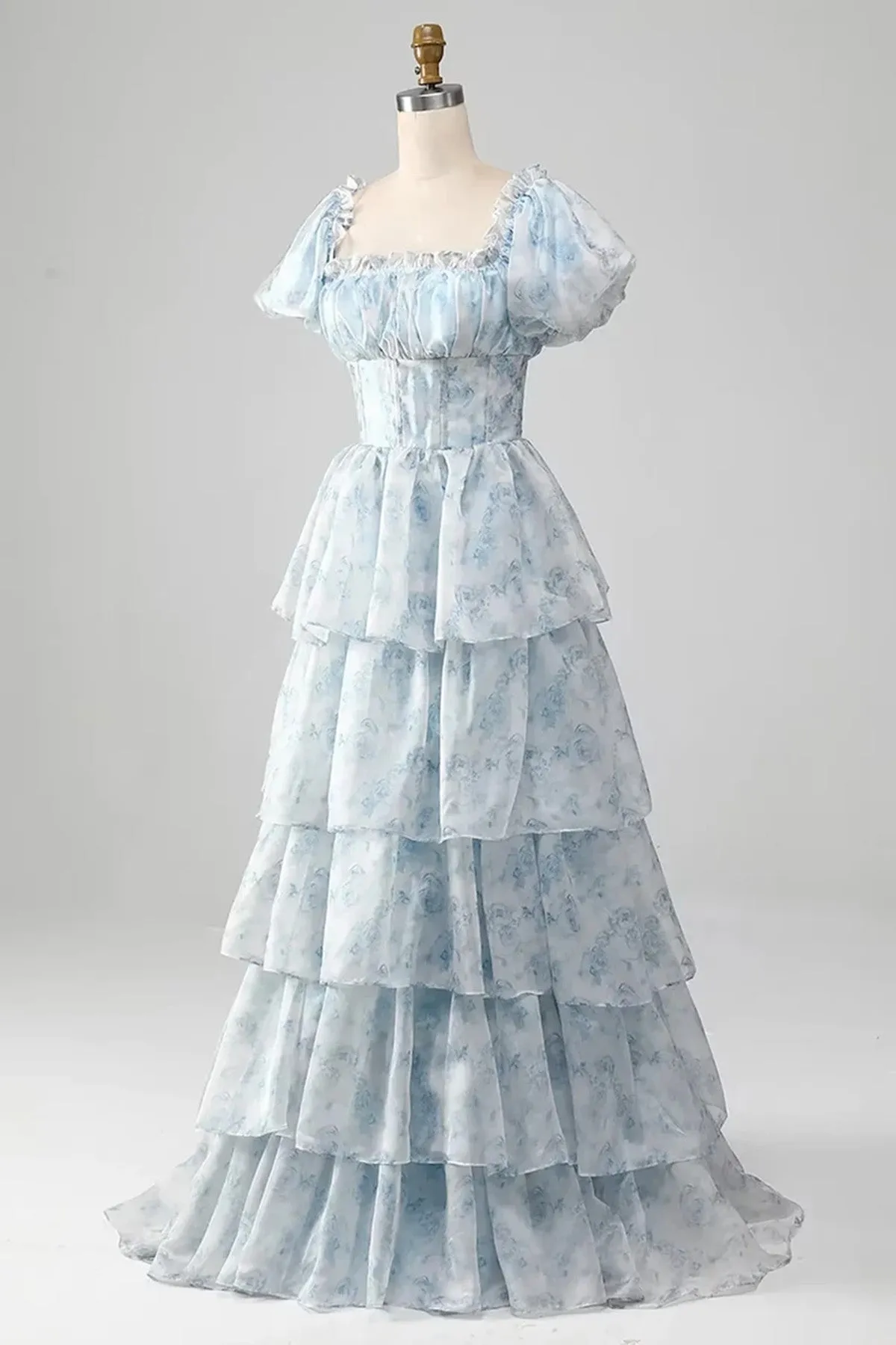 Light Blue Floral Layers Long Party Dress Evening Dress, Light Blue Prom Dress
