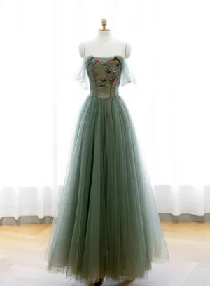 Light Green Sweetheart A-line Prom Dress, Green Long Party Dress with Lace Applique