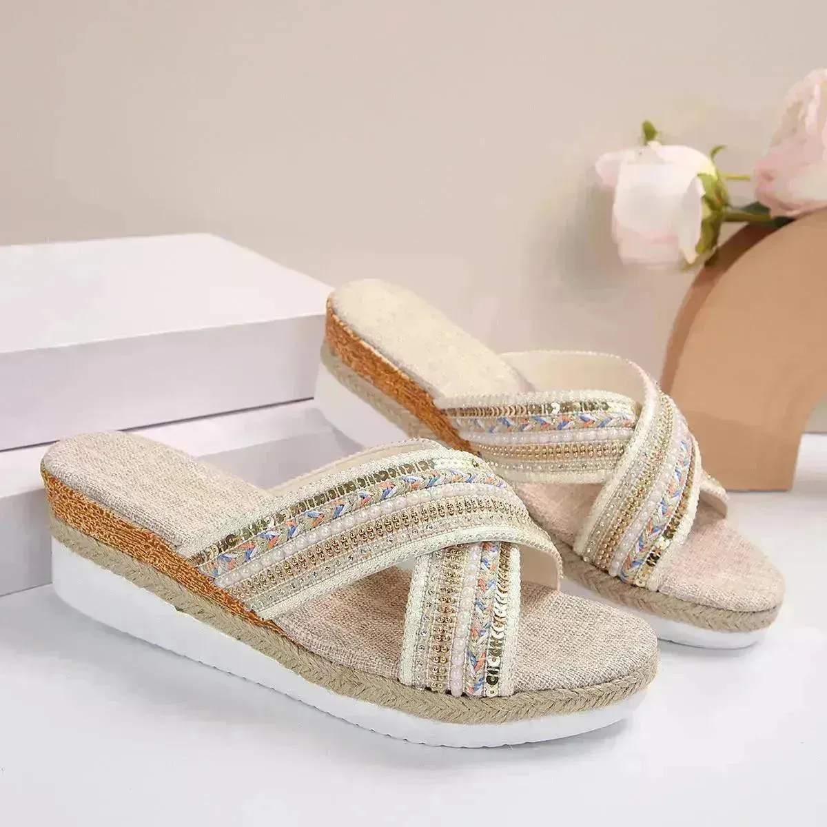 Linen Wedge Sandals Summer Ethnic Style Cross-strap Sandals For Women Non-slip Slides Beach Shoes