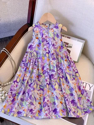 Lively Purple Floral Girls Swing Dress - Soft Cotton, Sleeveless Design for Summer Adventures - Perfect Outdoor Vacation Wear