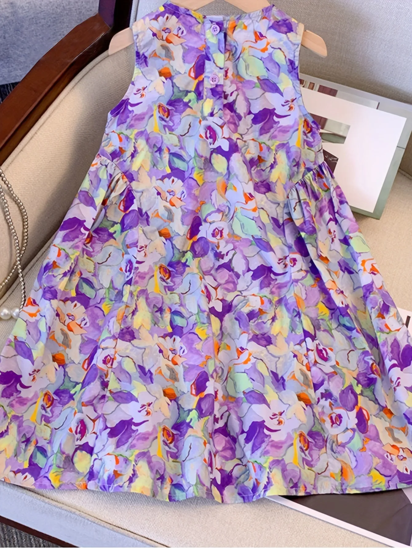 Lively Purple Floral Girls Swing Dress - Soft Cotton, Sleeveless Design for Summer Adventures - Perfect Outdoor Vacation Wear