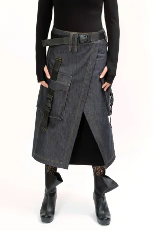 Long Denim Low Waist Cargo Skirt